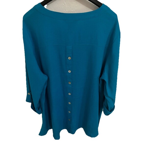 ali miles Top Blouse XL Blue Tunic Linen Blend Raised Paisley Print Roll Tab - Picture 5 of 6